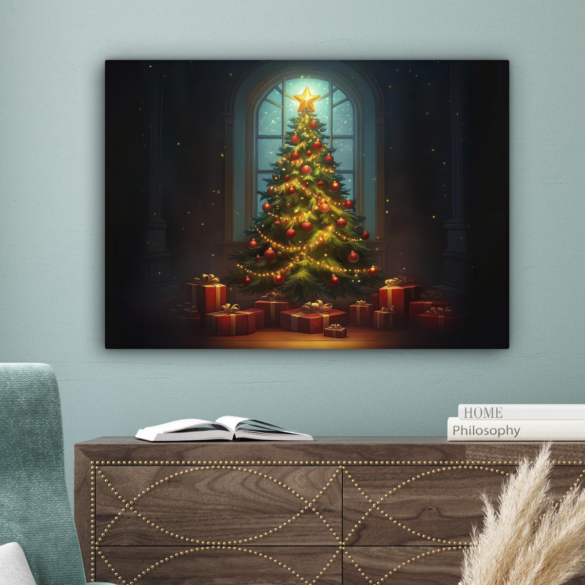 LEINWANDBILD Weihnachtsbaum - Geschenk - Winter Wandbilder 80x60 cm - Grün, Textil (80/60cm) - MuchoWow