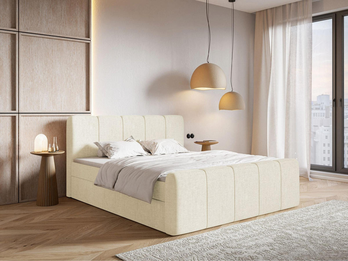BOXBETT Cloudy II mit Bettkästen und Topper Chenille Creme, 200x200 cm - Creme/Schwarz, Kunststoff/Textil (200/200cm) - Selsey