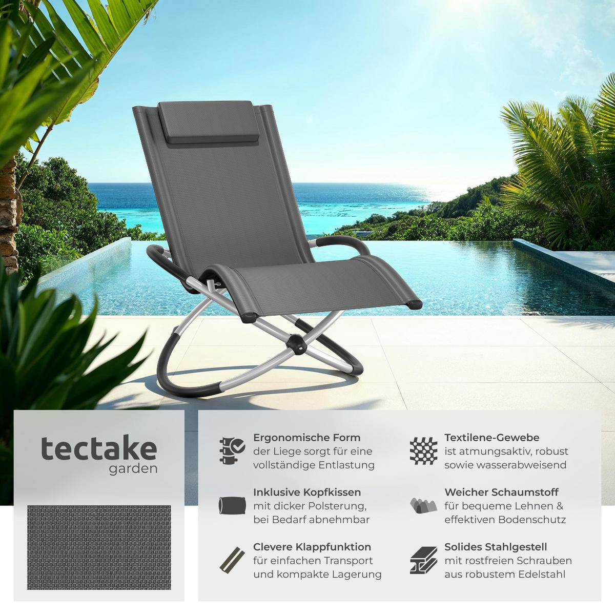 SONNENLIEGE Paulina,150 x 73 x 93 cm,grau - Grau, Metall (73/93/150cm) - tectake