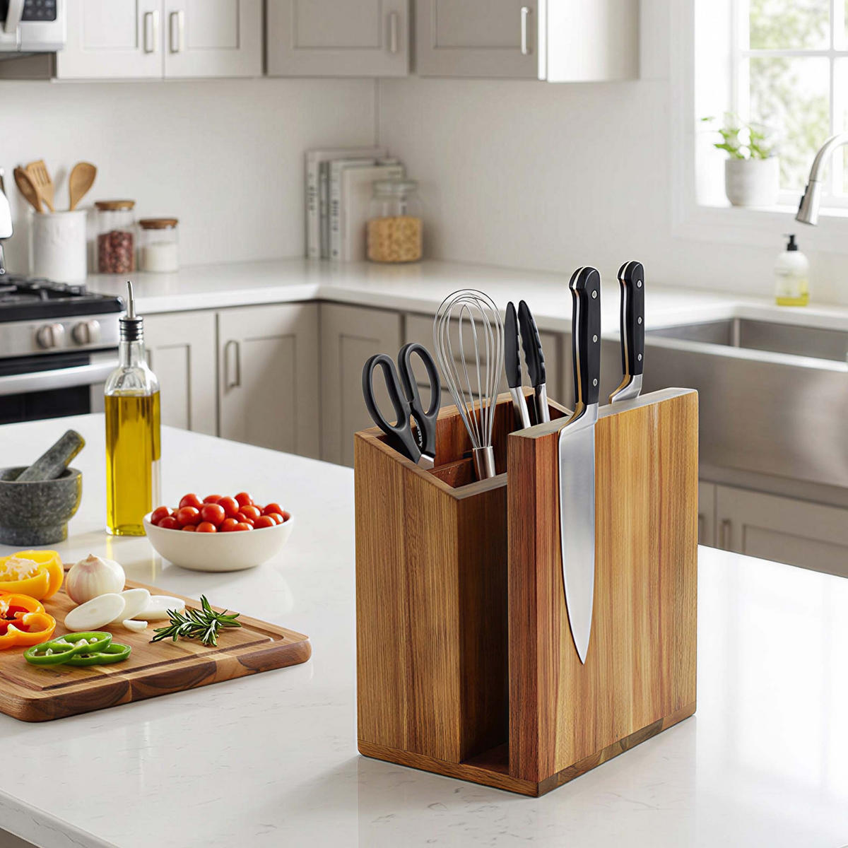 MESSERBLOCK Braun Akazienholz magnetisch mit Utensilienhalter 21,5 cm - Braun, Holz (19/21.5/13cm) - Relaxdays