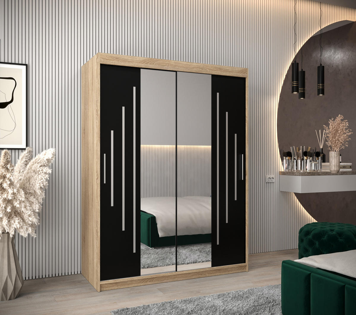 SCHWEBETÜRENSCHRANK 200/150/62 2-türig - Silberfarben/Schwarz, Holz/Kunststoff (150/200/62cm) - Abiks Möbel
