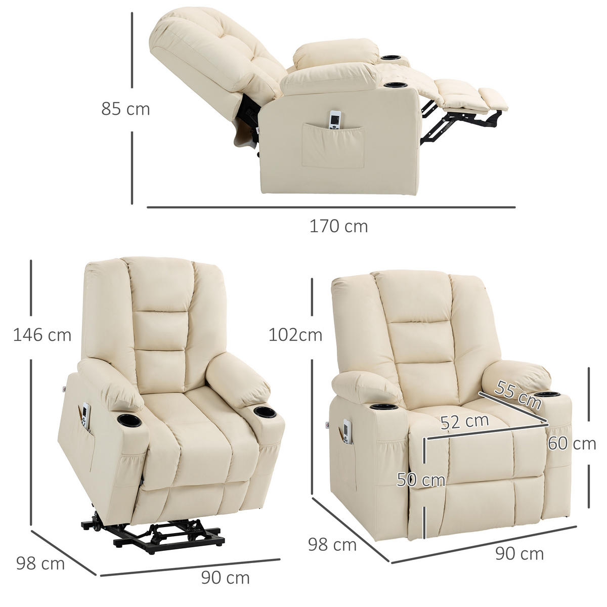 FERNSEHSESSEL mit Aufstehhilfe, Cremeweiß - Creme/Schwarz, Kunststoff (98/102/90cm) - HOMCOM