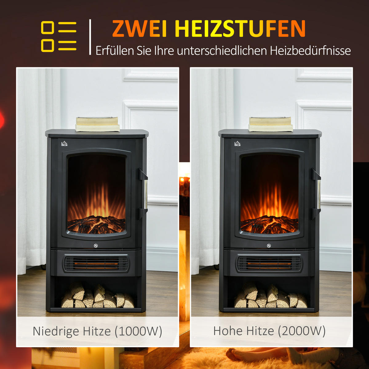 ELEKTROKAMIN, 1000/2000W, mit 2 Heizstufen, Stahl, Schwarz, 44,5 x 32 x 74 cm - Schwarz, Metall (32/74/44.5cm) - HOMCOM