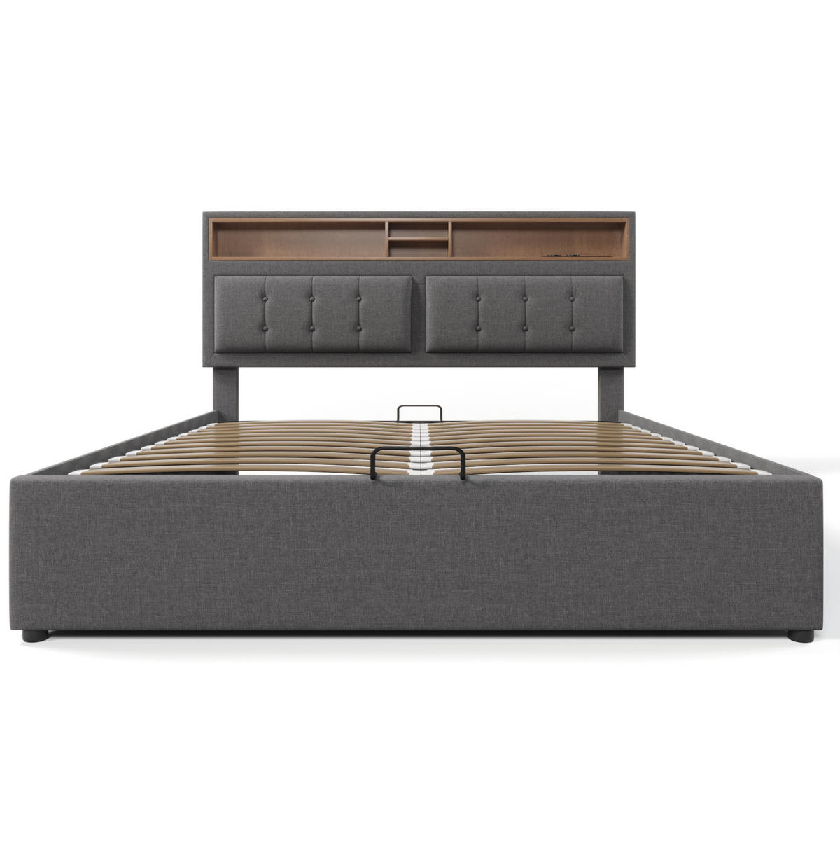 POLSTERBETT aus Leinenstoff 140/200 cm mit Matratze, USB-/Typ-C-Anschluss, Bettkasten und verstellbarem Kopfteil, Grau - Grau, Textil (140/140cm) - Redom