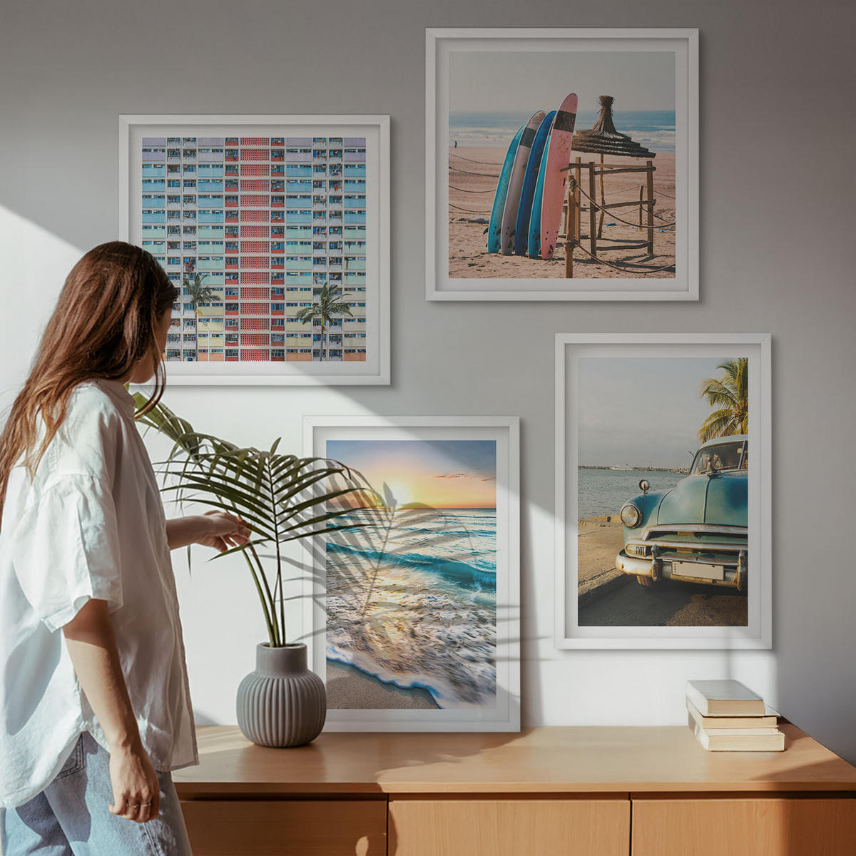 BILDER SET 4er Set - 50x50 cm & 40x60 cm Weißer Rahmen - Sonnenuntergang in Miami - Weiß, Kunststoff (50/50cm) - TULUP