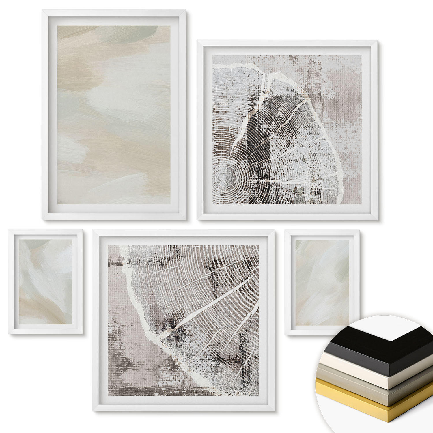 WANDBILDER 5er-Set - 50x50 cm & 20x30 cm & 40x60 cm Weißer Rahmen - Minimalismus der Farbstruktur - Weiß, Kunststoff (40/60cm) - ArtPrintCave