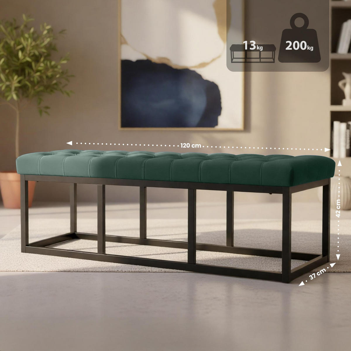 SITZBANK 120/37 cm Samt Grün - Schwarz/Grün, Textil/Metall (120/42/37cm) - CLP