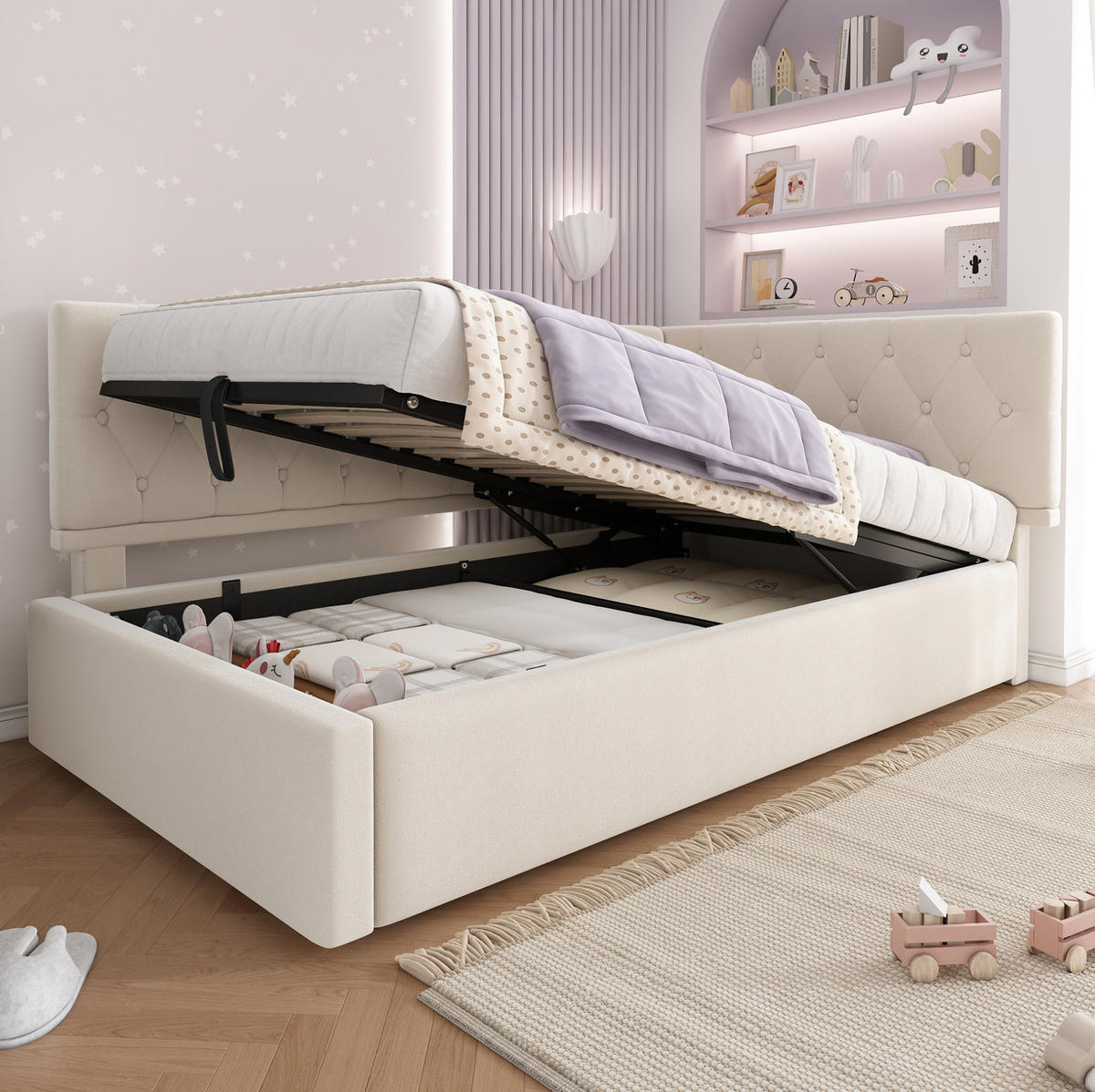 ČALÚNENÁ posteľ 90/190 cm béžová so zdvíhacím úložným priestorom zo zamatu - béžová, textil (90/190cm) - OKWISH