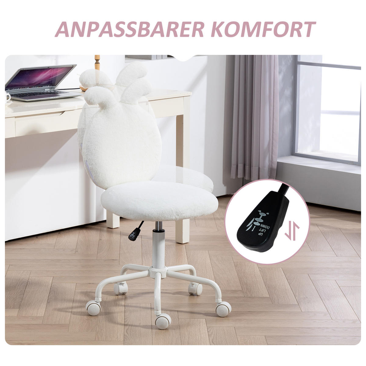 BÜROSTUHL Höhenverstellbar Schreibtischstuhl mit Hasenohren, Samtoptik, Weiß - Weiß, Kunststoff (45/90/52cm) - HOMCOM