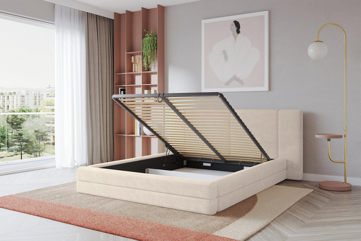 POLSTERBETT mit Bettkasten und Lattenrost, Bett mit Matratze H3/H4 - TEVO 180x200 Beige - Beige, Holzwerkstoff/Textil (180/200cm) - ALTDECOR