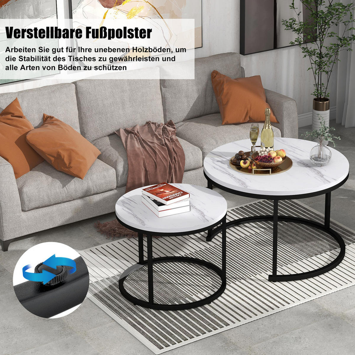 COUCHTISCH SET 2-TEILIG Rund Nestform Marmoroptik Beistelltisch - Weiß, Holz (80/80/12cm) - FLIEKS