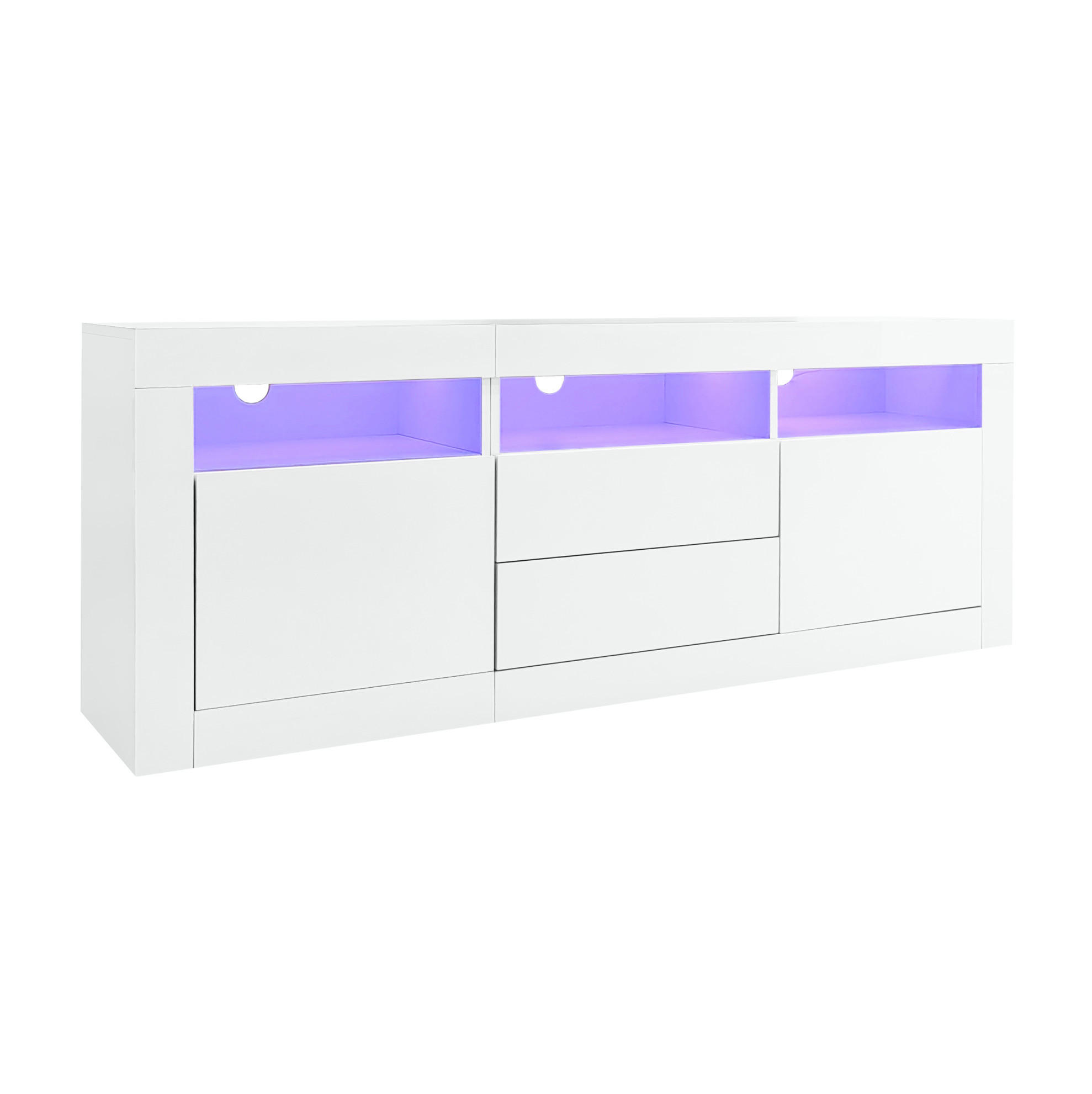 Modfu TV stolek z dřevotřísky 160x35x60 cm bílý s LED osvětlením, 2 dvířky, 2 zásuvkami