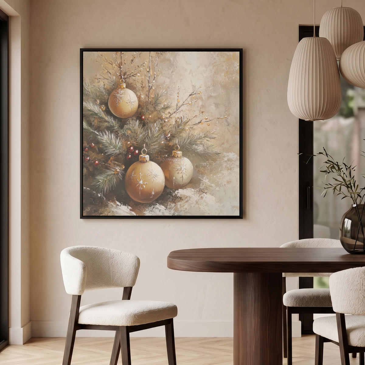 LEINWAND Bilder mit Rahmen - Weihnachten - Kugeln - Beige - Gold - 90x90 - Goldfarben, Textil (90/90cm) - MuchoWow