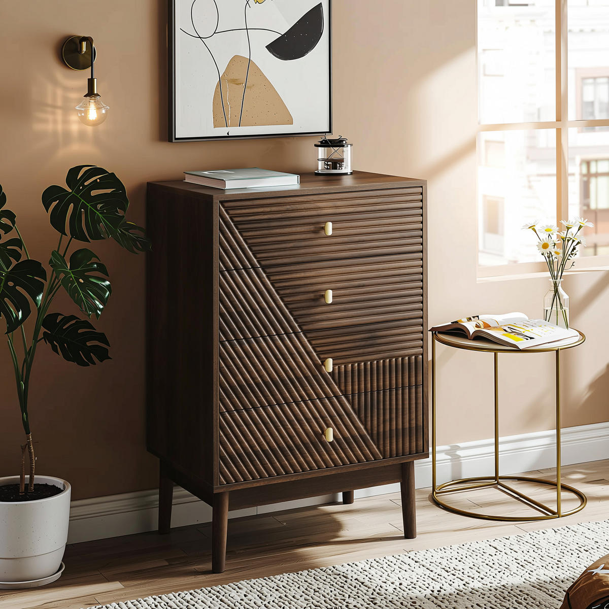 SIDEBOARD 60 cm Walnuss – Schubladenschrank mit 4 Schubladen & Massivholzbeinen Modern - Walnussfarben/Braun, Holzwerkstoff (60/90/40cm) - Urban Meuble