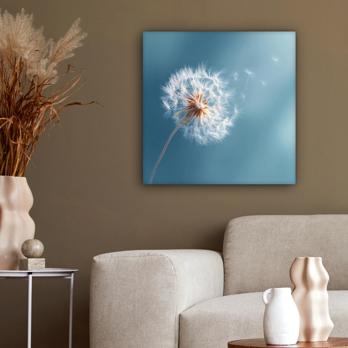 LEINWANDBILD Löwenzahn - Wind - Blau Wandbild Wohnzimmer 50x50 cm - Blaugrau, Textil (50/50cm) - MuchoWow