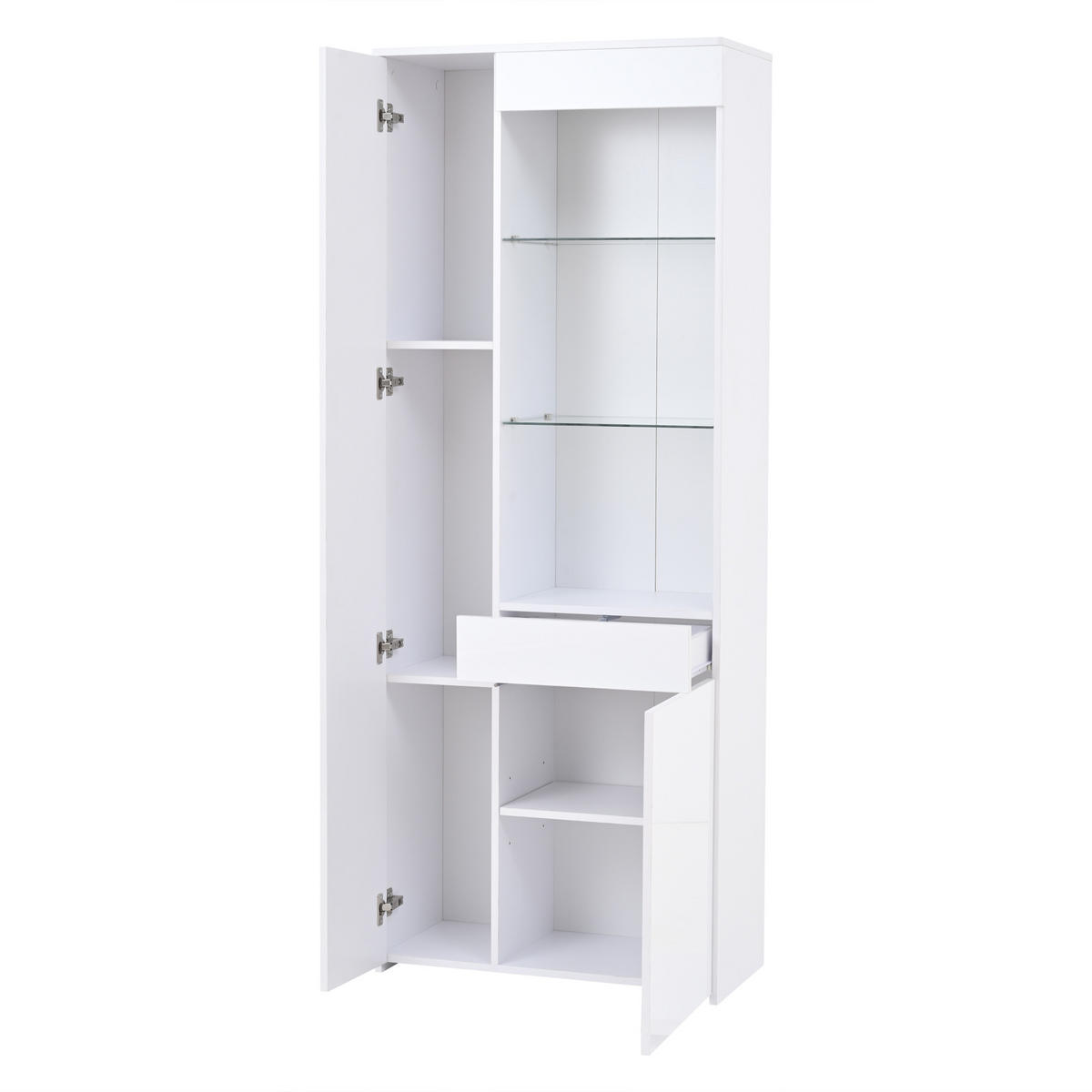 VITRINE LED Hochglanz Glas 2 Schubladen Standvitrine 180cm - Weiß, Holzwerkstoff (70/180/35cm) - FLIEKS