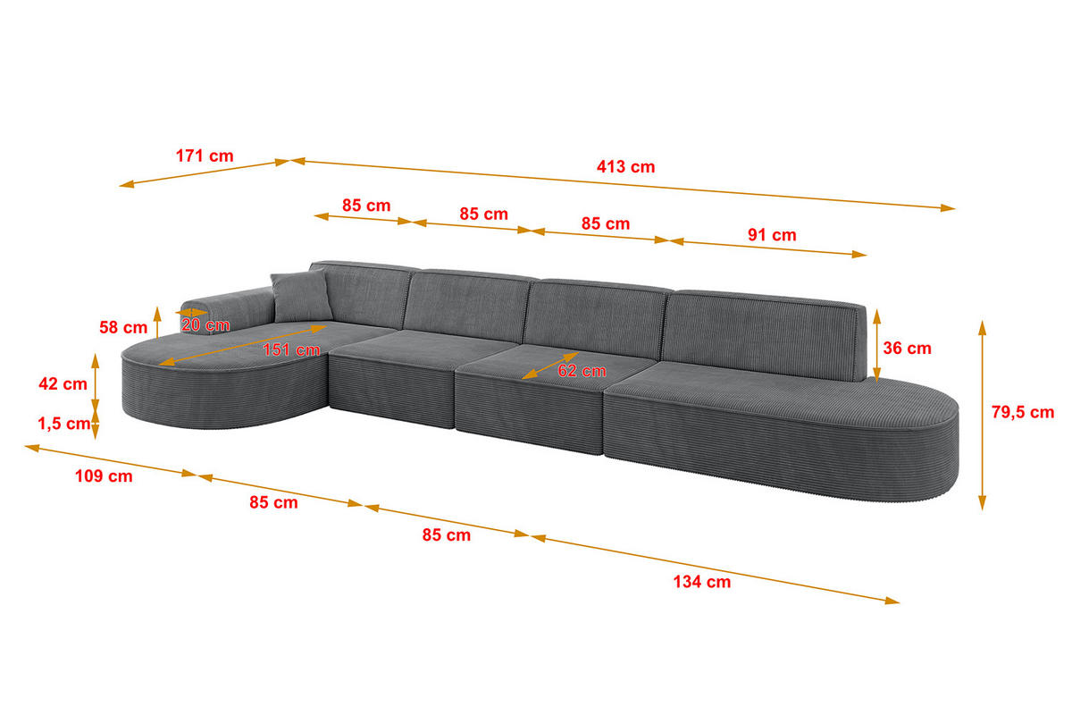ECKSOFA Ottomane Links MARI-L3 - 413x171x79 cm Dunkelgrau Cord - Dunkelgrau/Schwarz, Holzwerkstoff/Kunststoff (165/406cm) - ALTDECOR