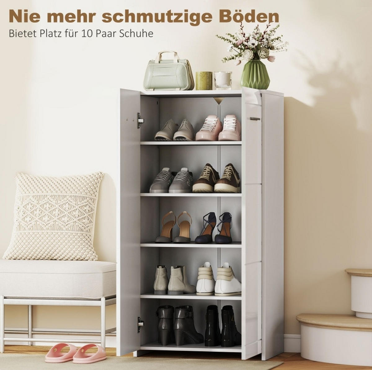 SCHUHSCHRANK 36/55/108 cm mit verstellbaren Regalböden aus Holzwerkstoff und Türen, Weiß Hochglanz - Weiß, Holz (55/108/36cm) - Redom