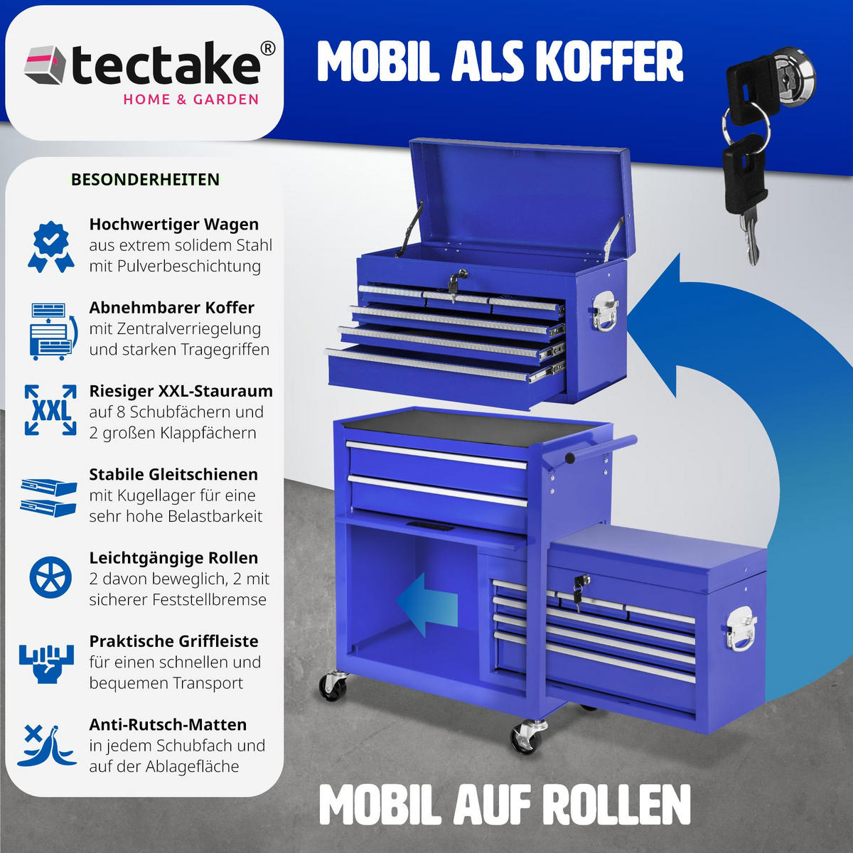 WERKZEUGWAGEN ,Rollen Ø 100 mm,blau - Blau, Metall (33/110/69cm) - tectake