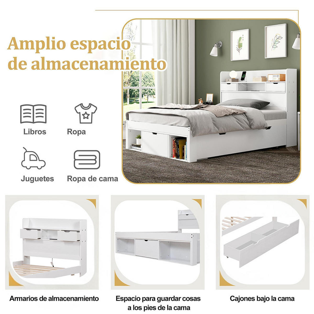 STAURAUMBETT 135x190 cm mit USB-Anschluss und Schubladen in Weiß - Weiß, Holz - KOMHTOM