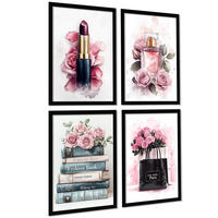 POSTER Set mit 4 Schminke, Schönheitsblumen, Tasche, Parfüm, Lippenstift A3 Schwarzer Rahmen - Schwarz, Papier (29.7/3cm) - Nacnic