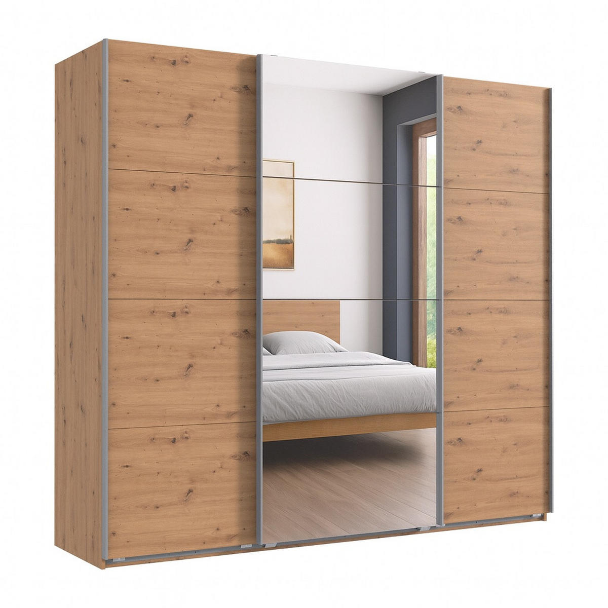 SCHWEBETÜRENSCHRANK 3-türig in Eiche Artisan Dekor, eine Tür mit Spiegel, B225/H208/T64 cm / 22520 - Edelstahlfarben/Eichefarben, Holzwerkstoff/Metall (225/208/64cm) - luma-home