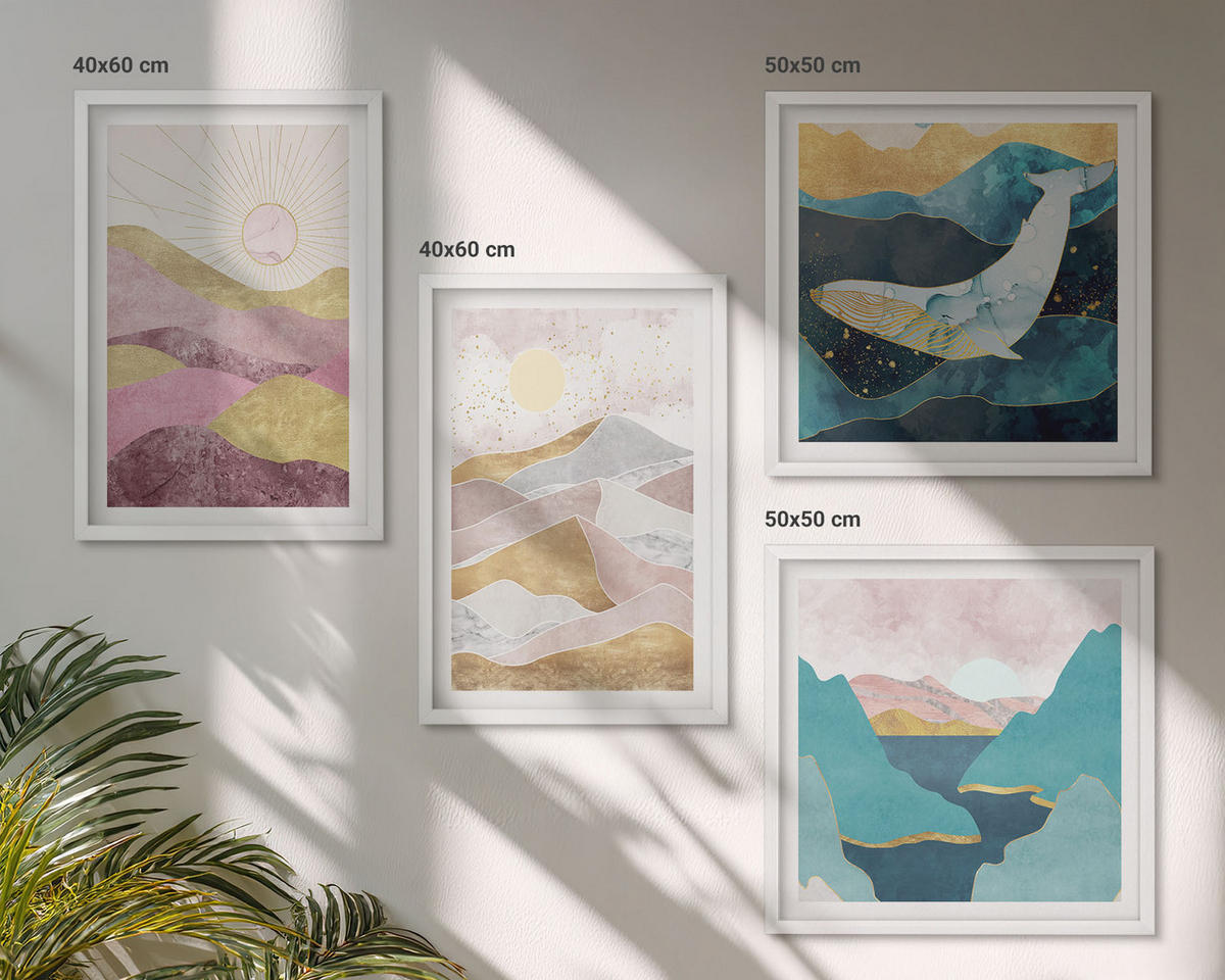 WANDBILDER 4er-Set - 50x50 cm & 40x60 cm Weißer Rahmen - Abstrakte Berge Sonne - Weiß, Kunststoff (50/50cm) - ArtPrintCave