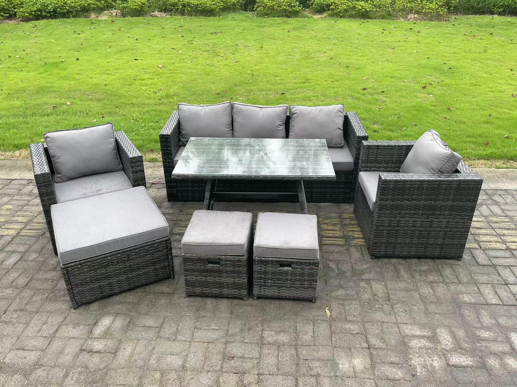 GARTENMÖBELSET mit Esstisch,Beistelltisch,Hocker 8-Sitzer Grau - Dunkelgrau/Grau, Glas/Kunststoff - Fimous