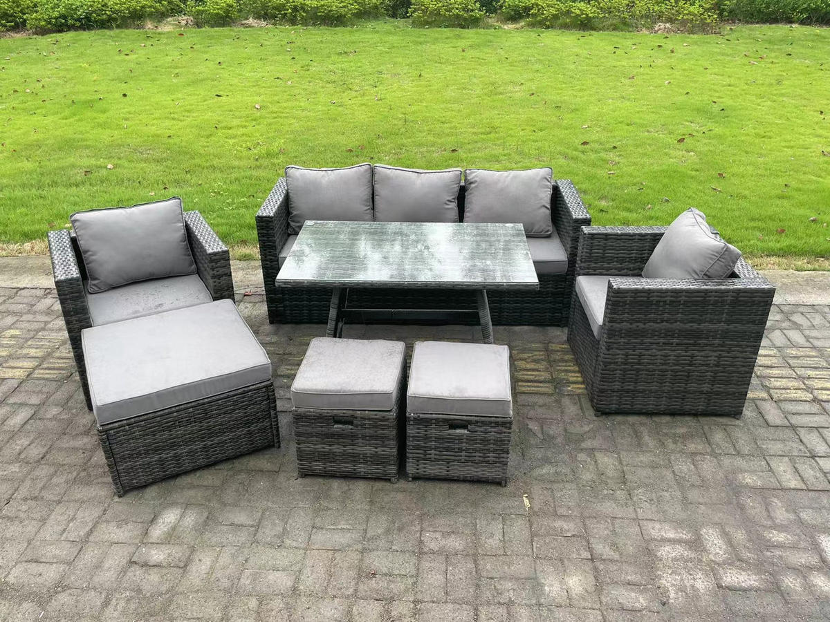 GARTENMÖBELSET mit Esstisch,Beistelltisch,Hocker 8-Sitzer Grau - Dunkelgrau/Grau, Glas/Kunststoff - Fimous
