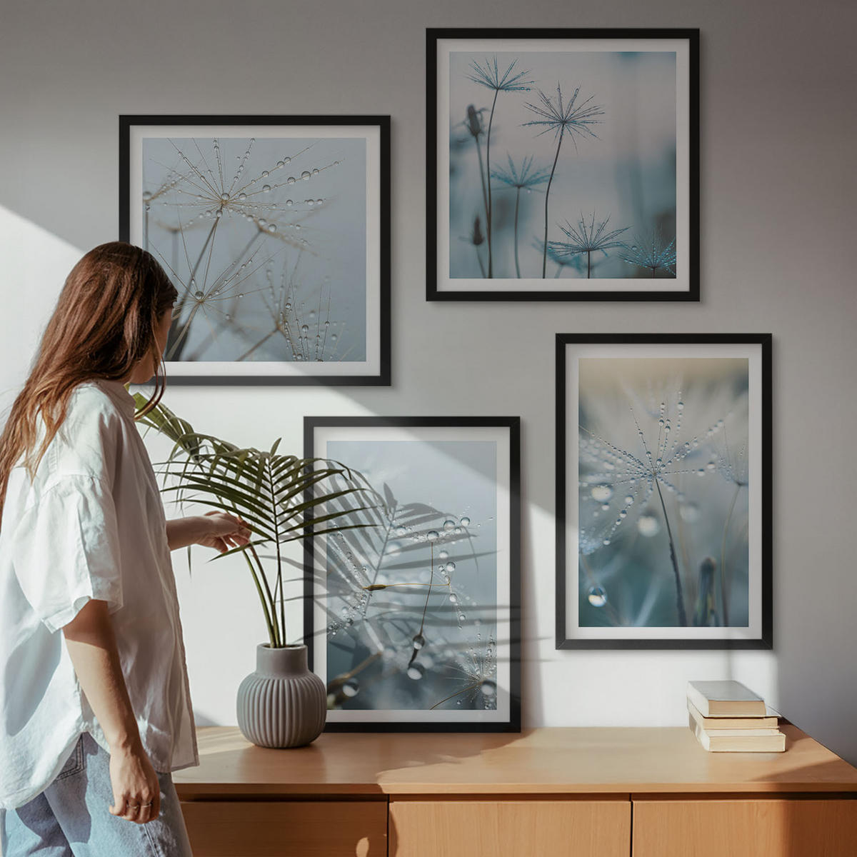 BILDER SET 4er Set - 50x50 cm & 40x60 cm Schwarzer Rahmen - Tautropfen auf Löwenzahn - Schwarz, Kunststoff (50/50cm) - TULUP