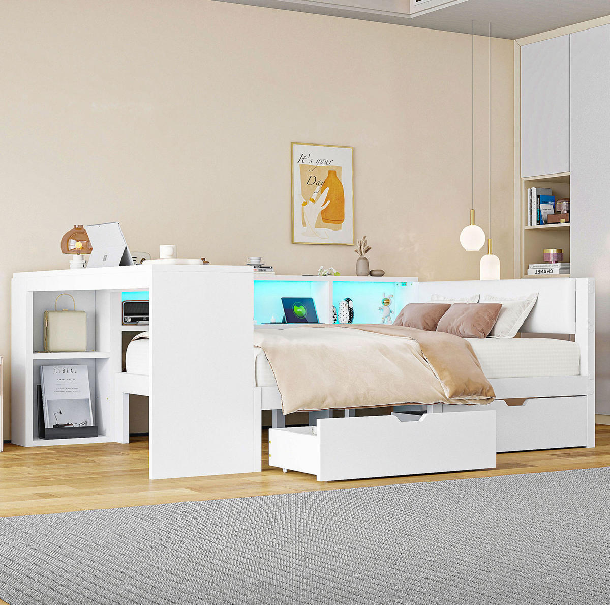 MULTIFUNKTIONSBETT 140/200 cm Weiß mit LED-Beleuchtung Ladestation Stauraum und gepolstertem Kopfteil - Weiß, Holzwerkstoff (140/200cm) - OKWISH