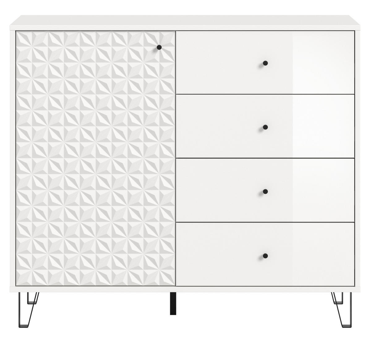 KOMMODE weiß Hochglanz 110 x 96 cm, Sideboard mit 3D-Struktur - Weiß Hochglanz/Schwarz, Holzwerkstoff/Kunststoff (110/96/40cm) - Inn.Furn