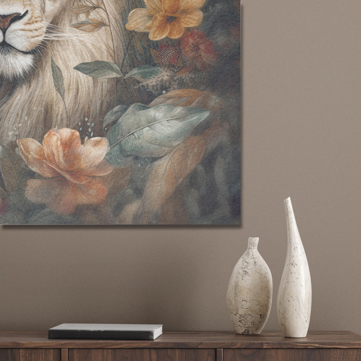 AKUSTIKBILD Löwe - Wildtiere - Pflanzen - Natur - Blumen Akustikpaneele 80x80 cm - Beige, Kunststoff (80/80/0.9cm) - MuchoWow