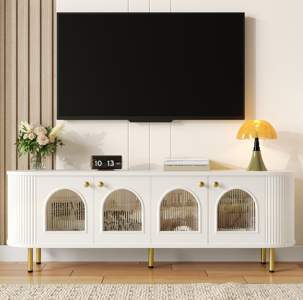 TV-SCHRANK in Weiß/Gold mit 4 Glastüren und Kabelführung 170/35/55 cm - Weiß, Holzwerkstoff (170/55/35cm) - Redom