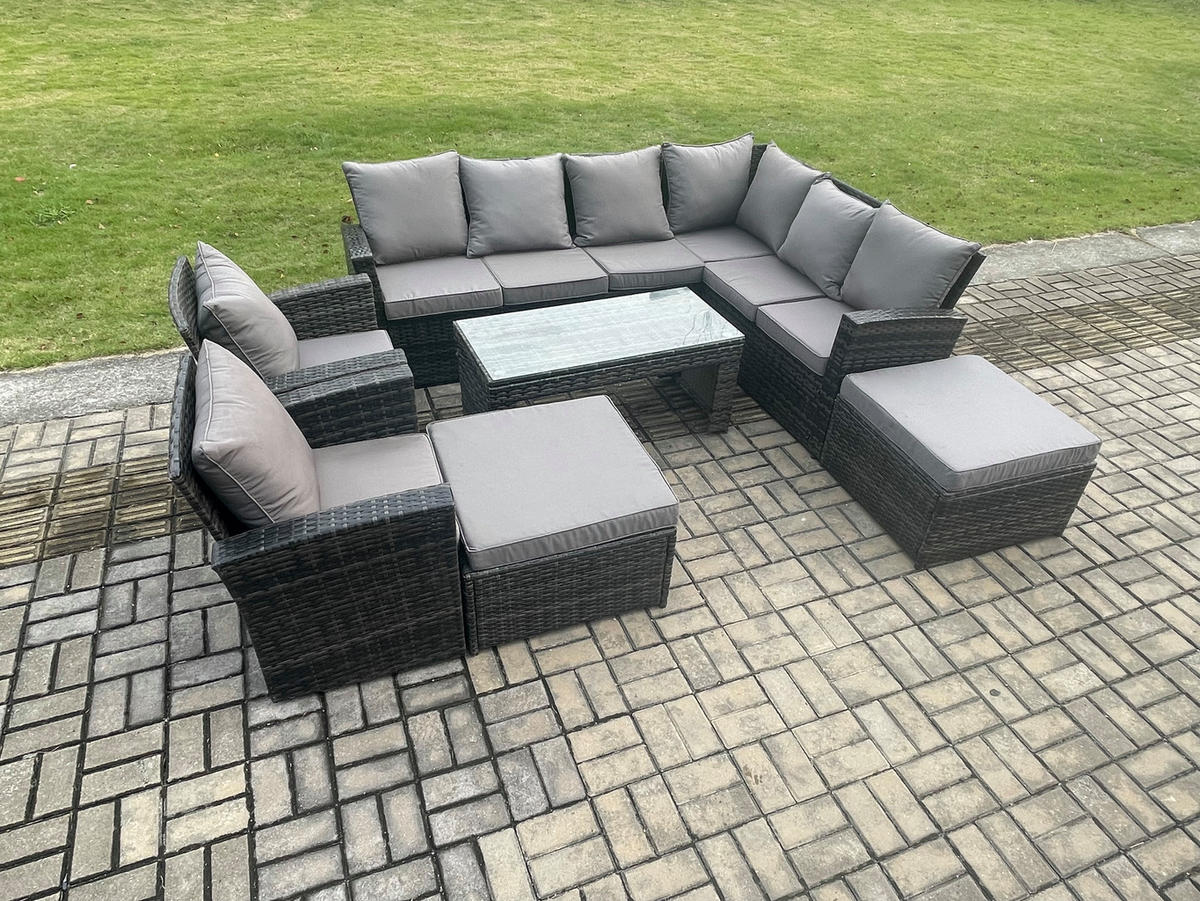 LOUNGEGARNITUR mit Couchtisch Sofa,Hocker Polyrattan Dunkelgrau 10-Sitzer - Dunkelgrau/Grau, Glas/Kunststoff - Fimous