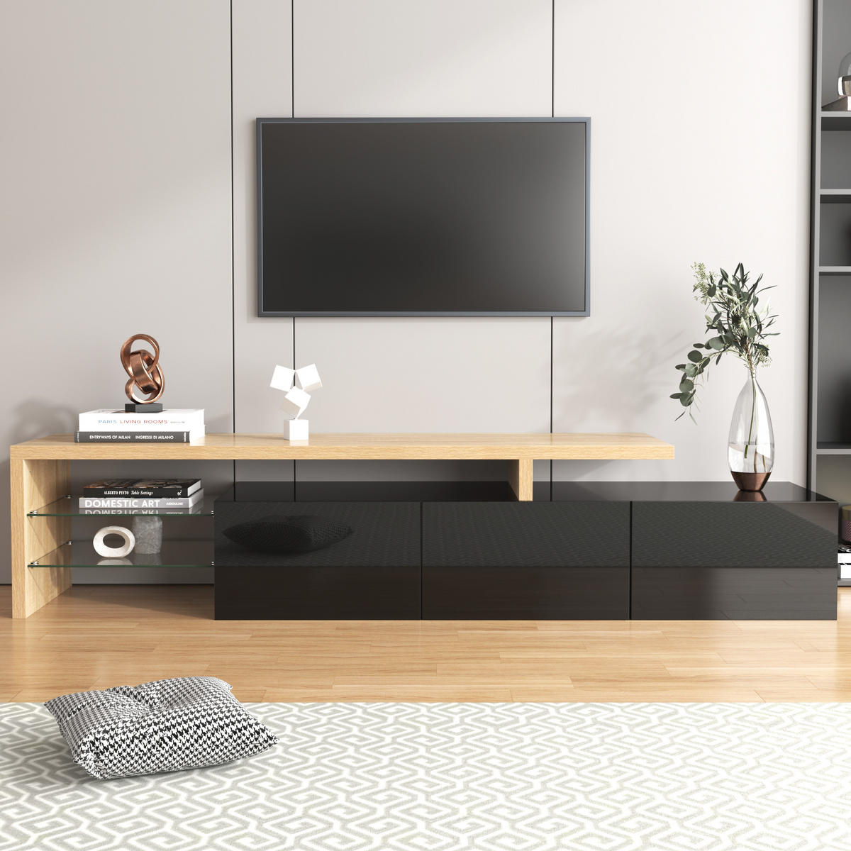TV-SCHRANK und Glas in Schwarz Hochglanz und Holzoptik mit LED 197.5/39/42 cm - Schwarz, Holzwerkstoff (197.5/42/39cm) - Redom