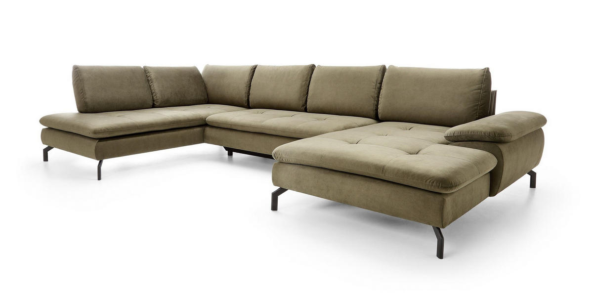 WOHNLANDSCHAFT VOLO Grün Plüsch-Stoff mit Schlaffunktion - Grün, Holz (347/82/205cm) - MASSENO