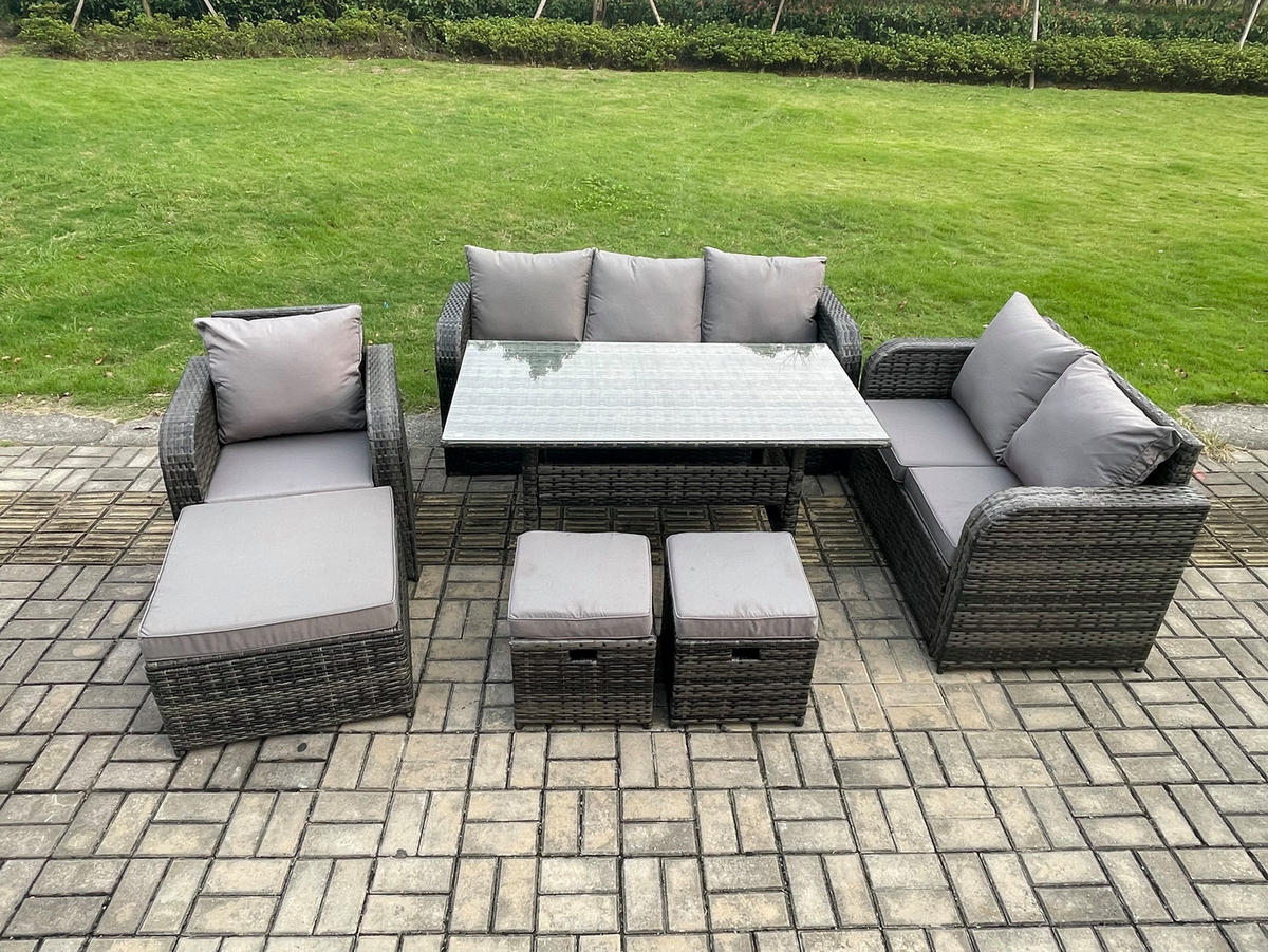 GARTENTISCHGRUPPE mit Liegestuhl,Hocker Polyrattan 9-Sitzer - Dunkelgrau/Grau, Glas/Kunststoff - Fimous