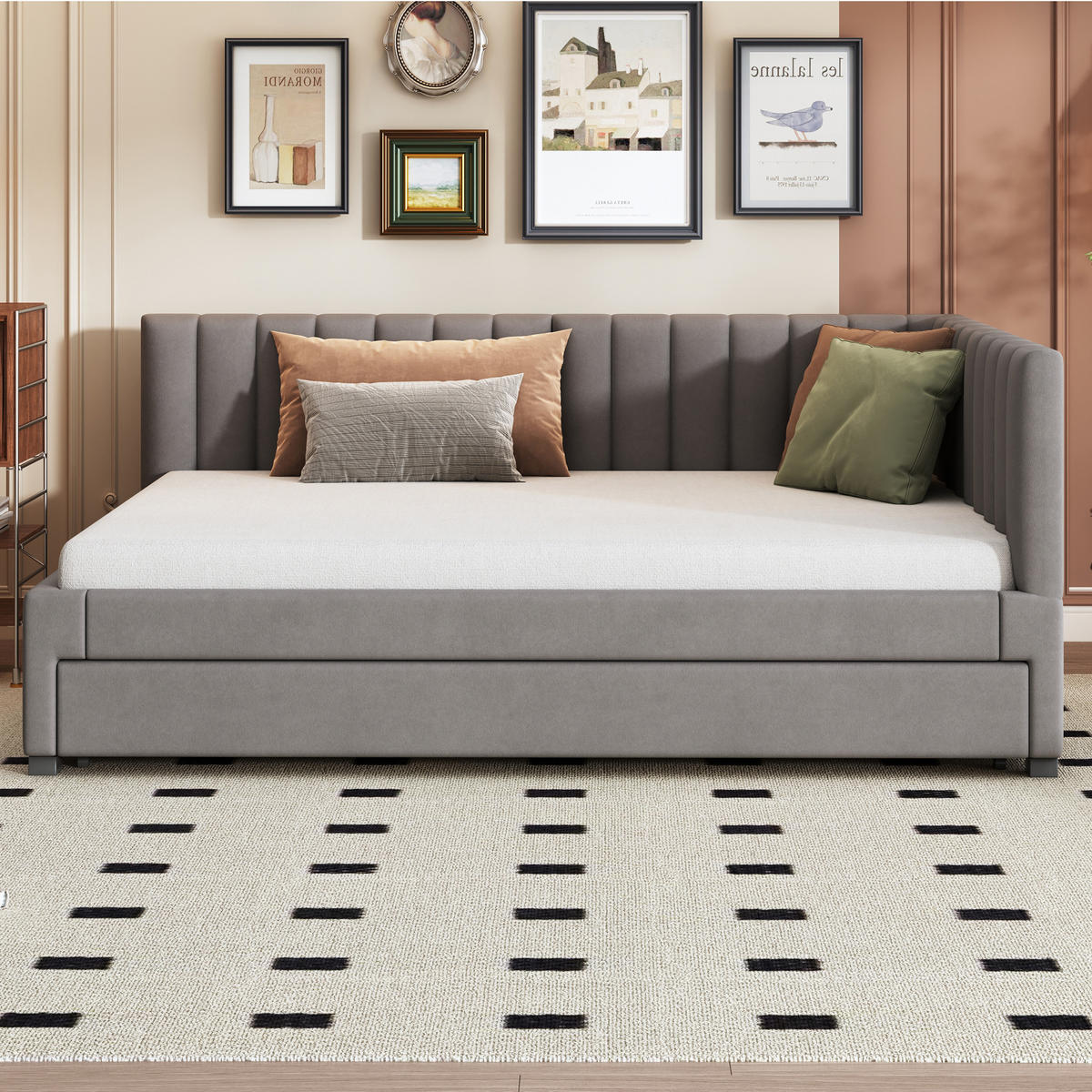 BETT 209,5/147/71 cm mit ausziehbarem Bett & Kopfteil Samt Grau - Grau, Leder (140/200cm) - OKWISH