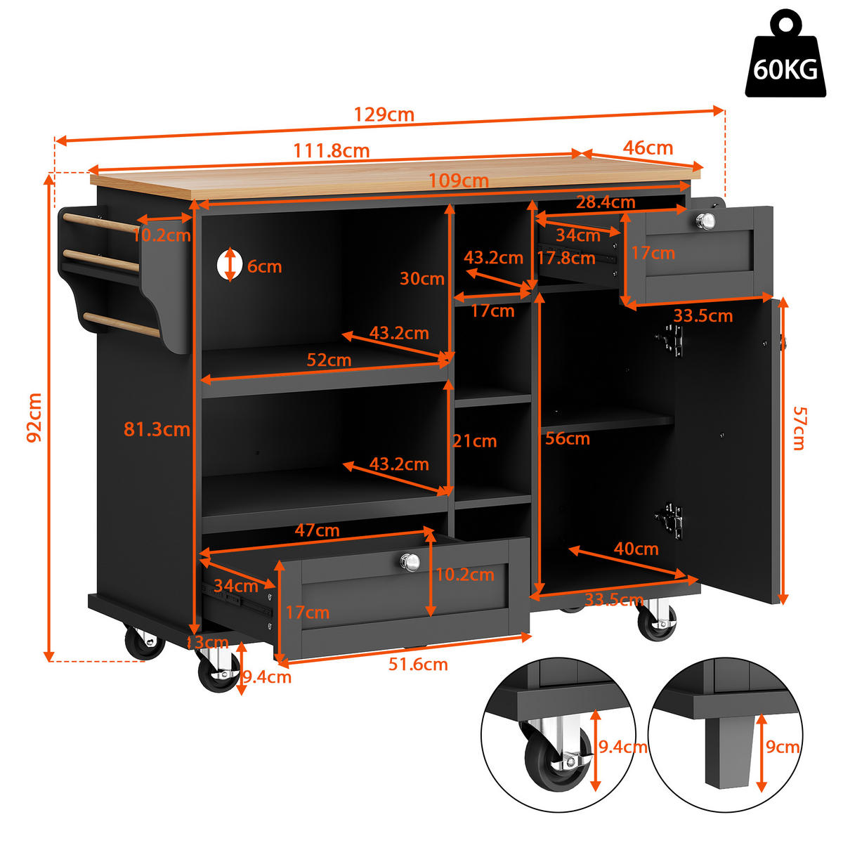 KÜCHENWAGEN mit Stauraum und Rollen Schwarz - Schwarz, Holzwerkstoff (46/92/129cm) - Urban Meuble