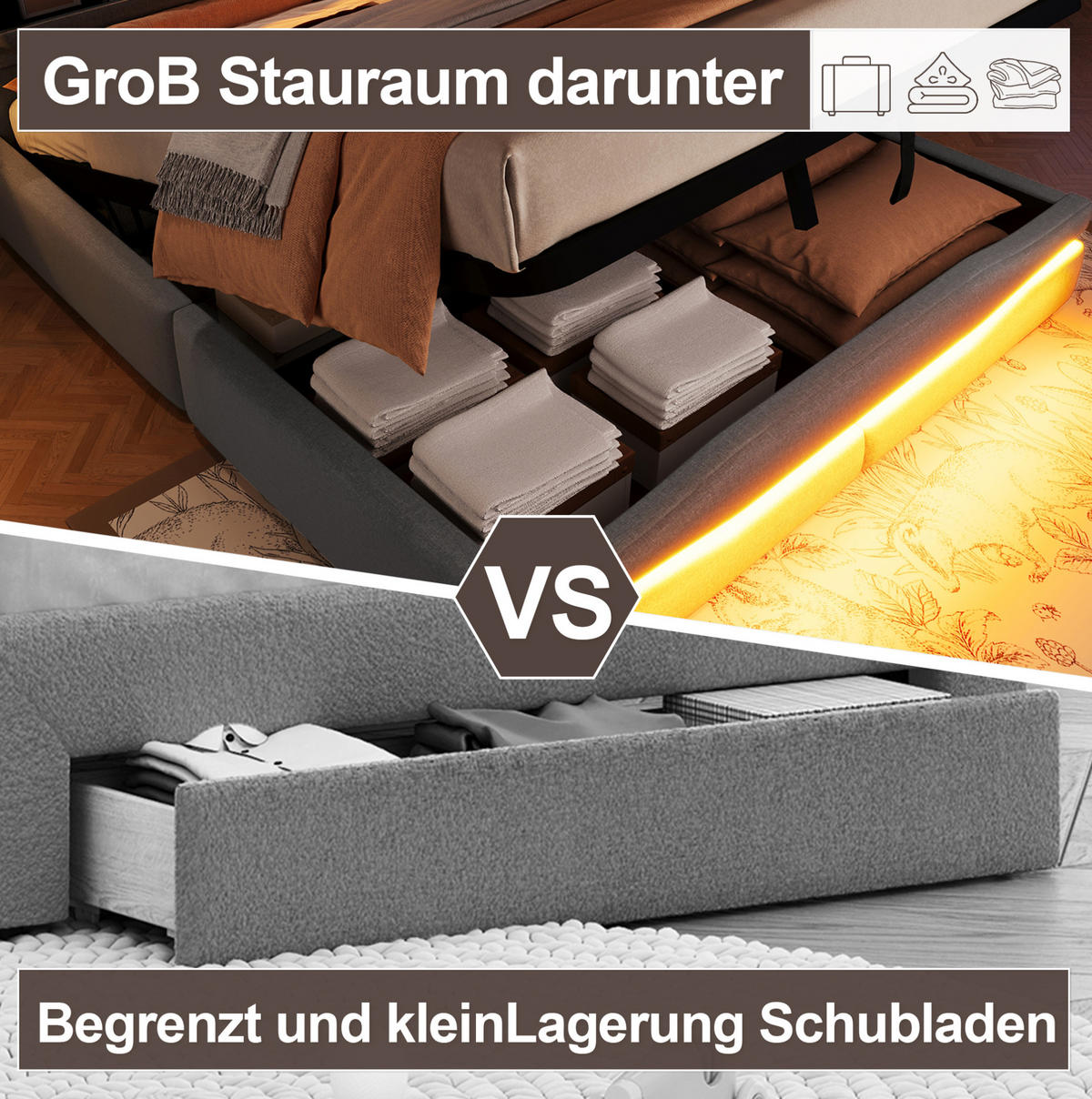 POLSTERBETT 160/200 cm aus Leinen mit LED-Beleuchtung, Grau - Grau, Textil (160/200cm) - OKMYHOME