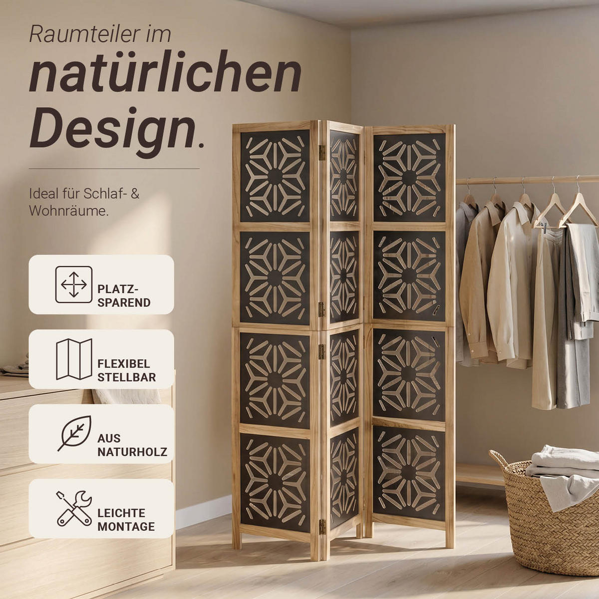 PARAVENT 3-tlg. 120/170 cm Braun Holz-Ornamentik - Braun, Holz (120/170/2cm) - Homestyle4u