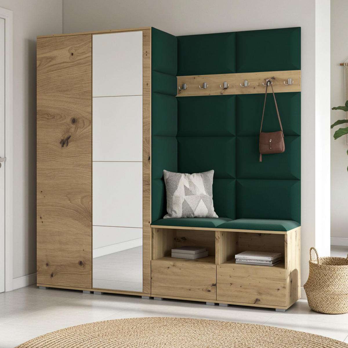 GARDEROBE NELA VI 200 cm (Modulare Flurmöbel Artisan Eiche mit Spiegel & Sitzpolster Flaschengrün 28 Universell) - Dunkelgrün/Silberfarben, Holz/Holzwerkstoff (200/187/40cm) - Ravio