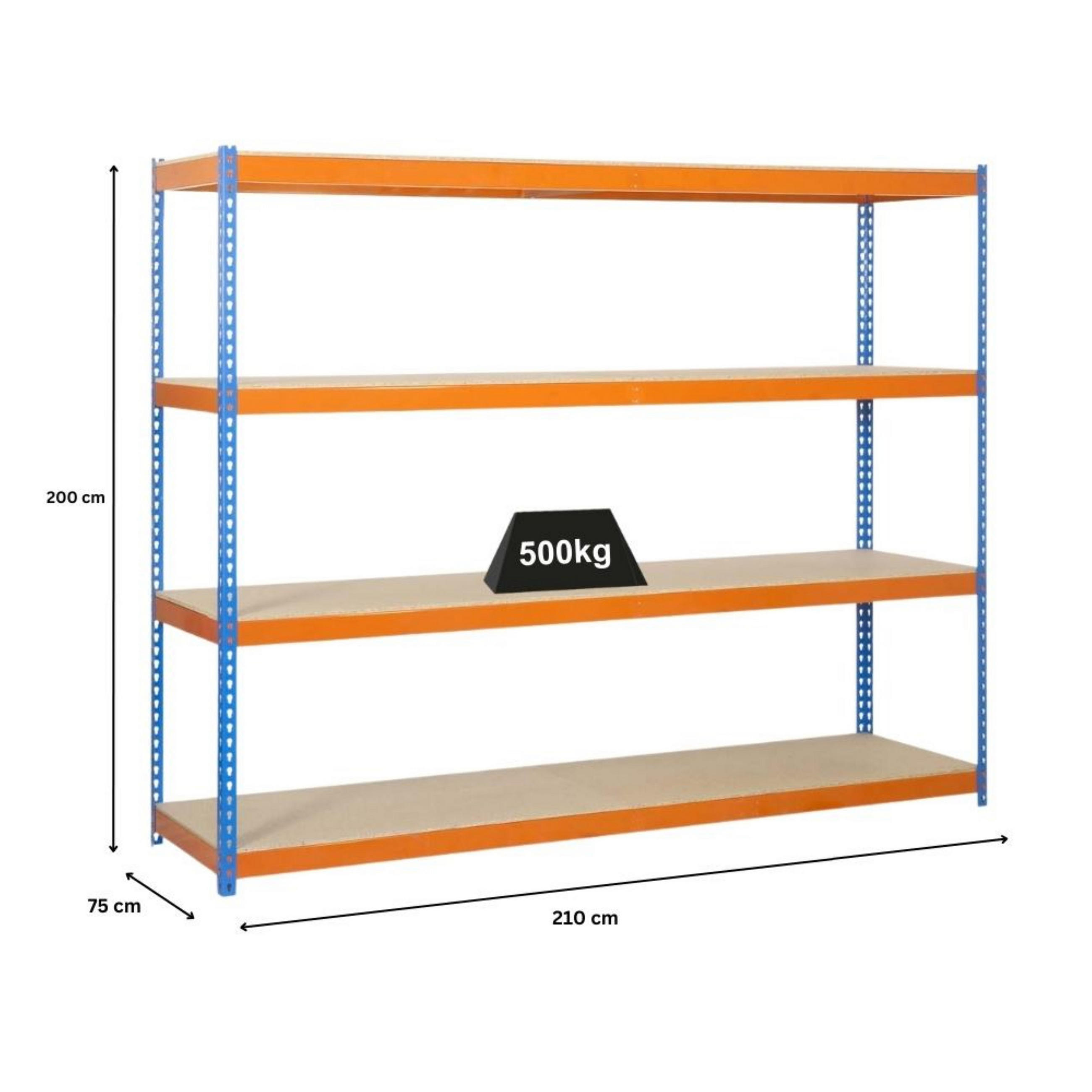 SCHWERLASTREGAL Wood Beast Four HxBxT 200 x 210 x 75 cm 4 Ebenen Fachlast 500 kg Blau-Orange - Gelb, Metall (210/200/75cm) - PROREGAL