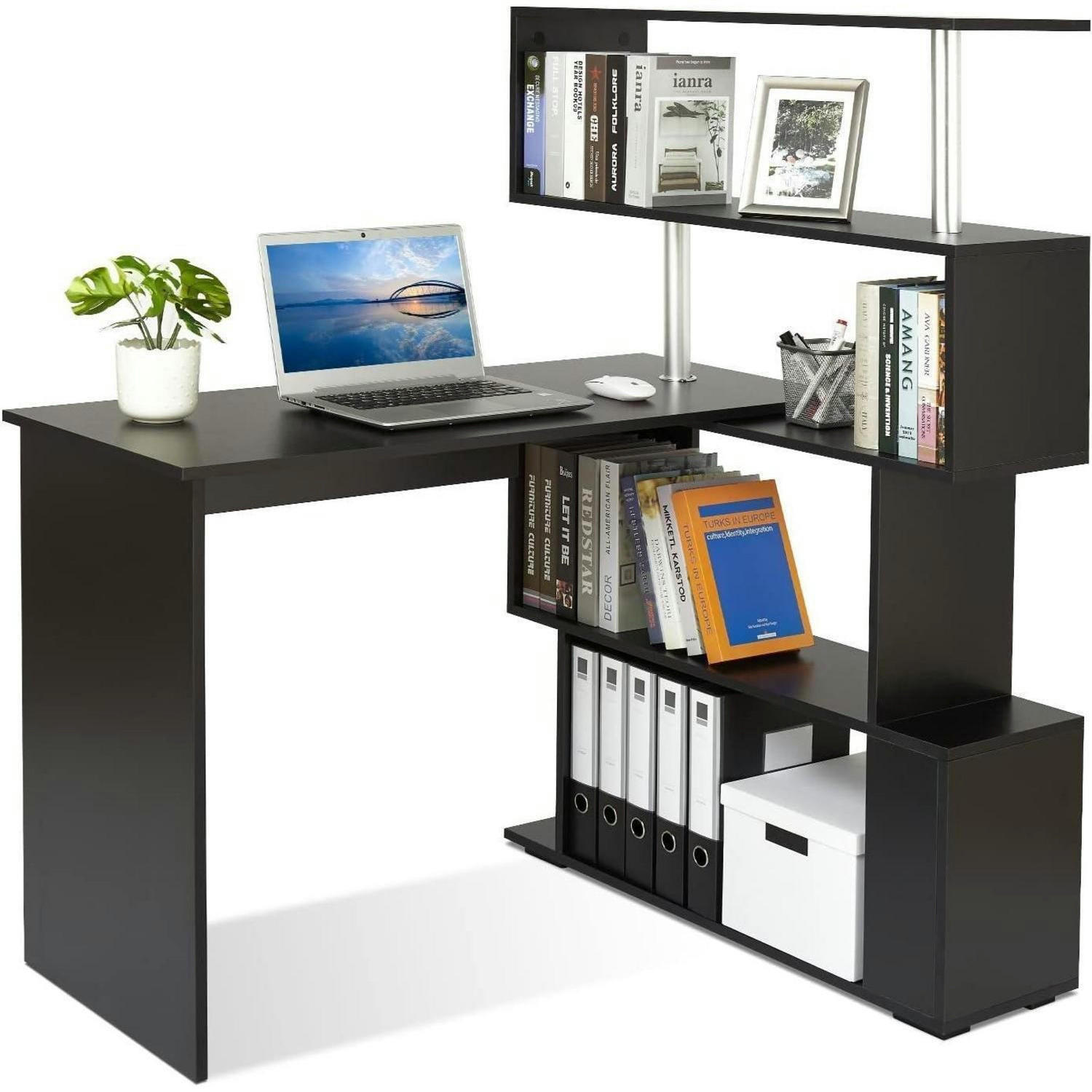 COMPUTERTISCH L-förmig mit drehbarem Bücherregal Schwarz 157 x 45 x 130,5 cm - Schwarz, Holzwerkstoff (45/157/130.5cm)