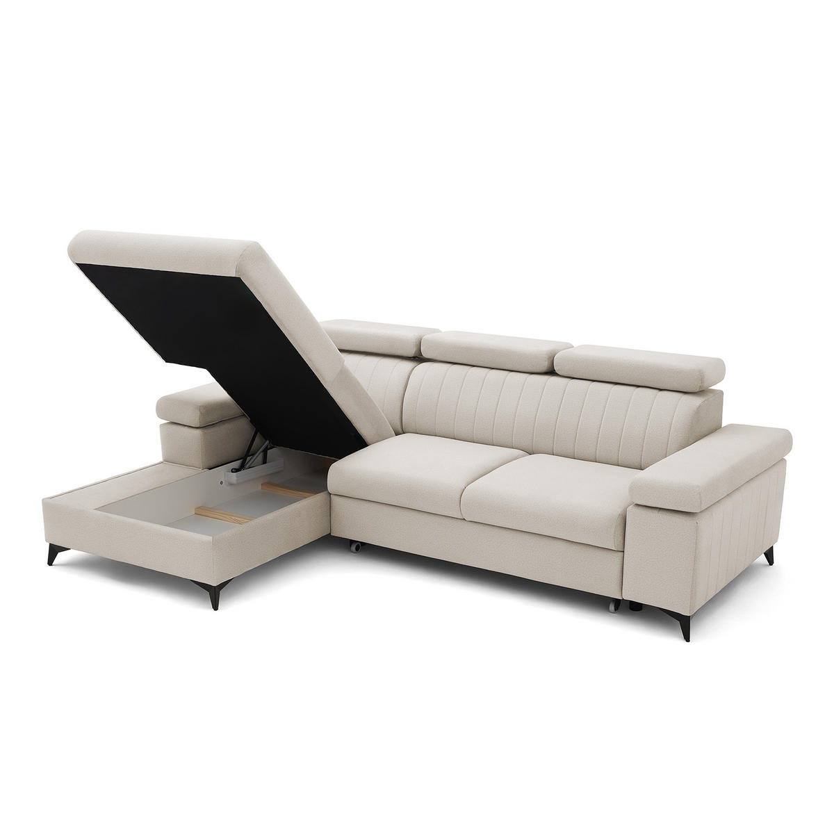 ECKSOFA FELIX L Links mit Schlaffunktion Velours Creme - Creme/Schwarz, Holz/Textil (257/176cm) - Muffo