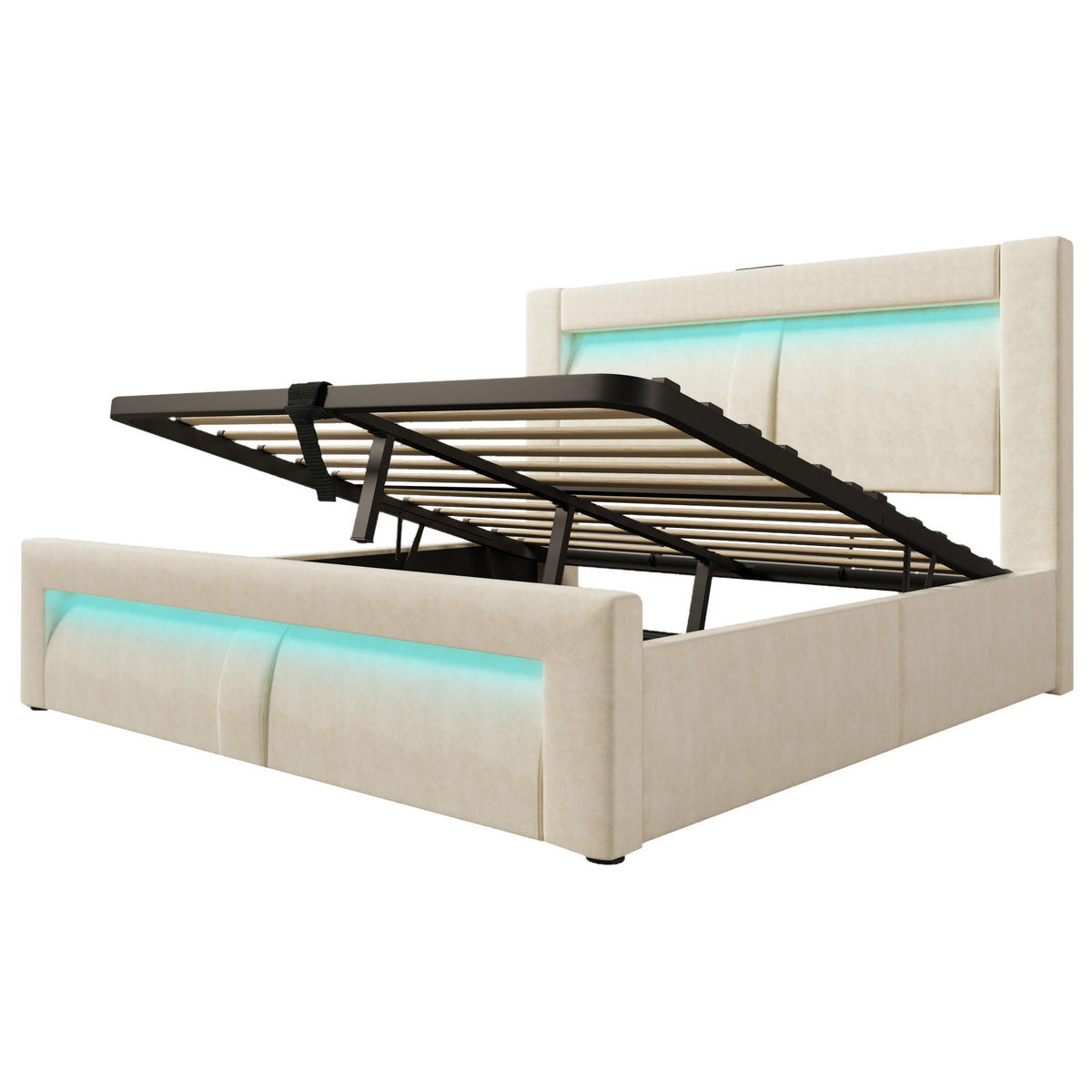 POLSTERBETT 160/200 cm Beige aus Samt mit Stauraum und LED - Beige, Textil (160/200cm) - OKWISH