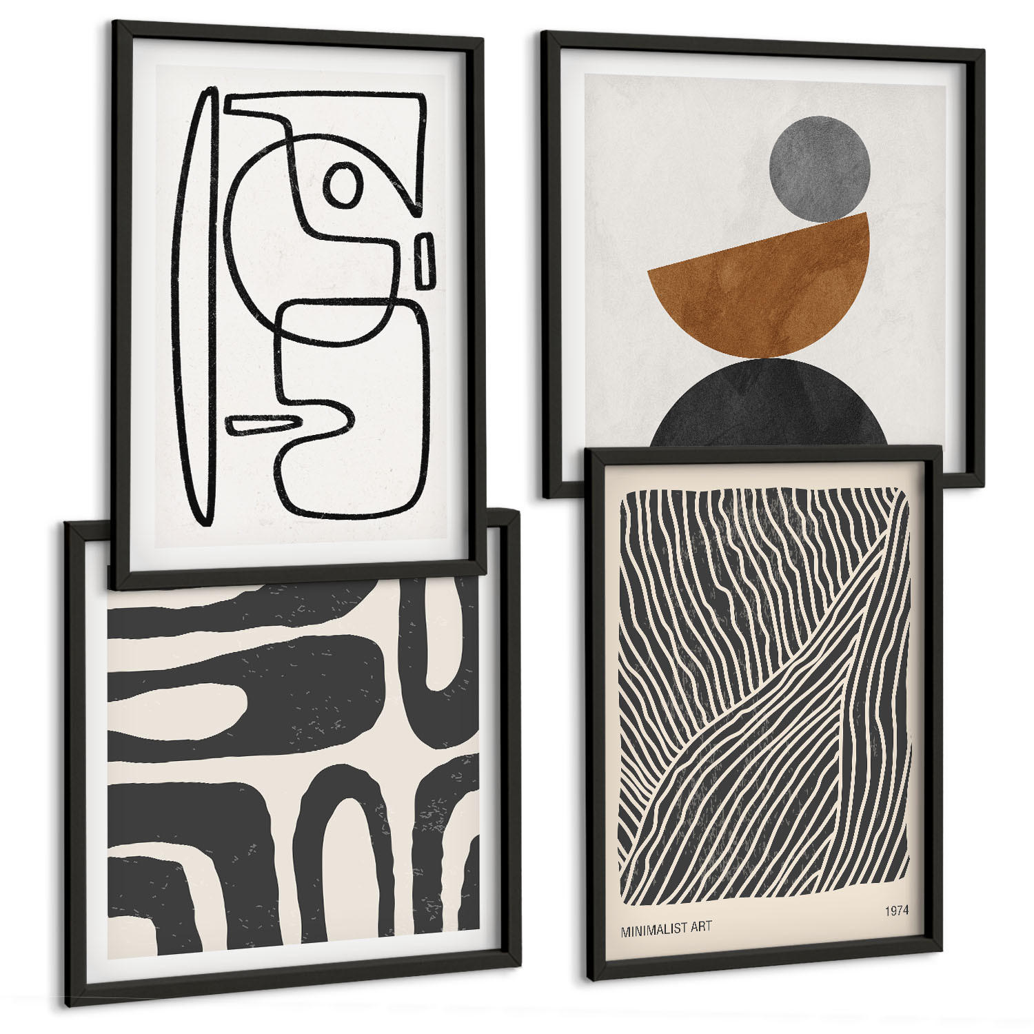 BILDER SET 4er Set - 50x50 cm & 40x60 cm Schwarzer Rahmen - Abstrakte Muster mit Linien - Schwarz, Kunststoff (50/50cm) - TULUP