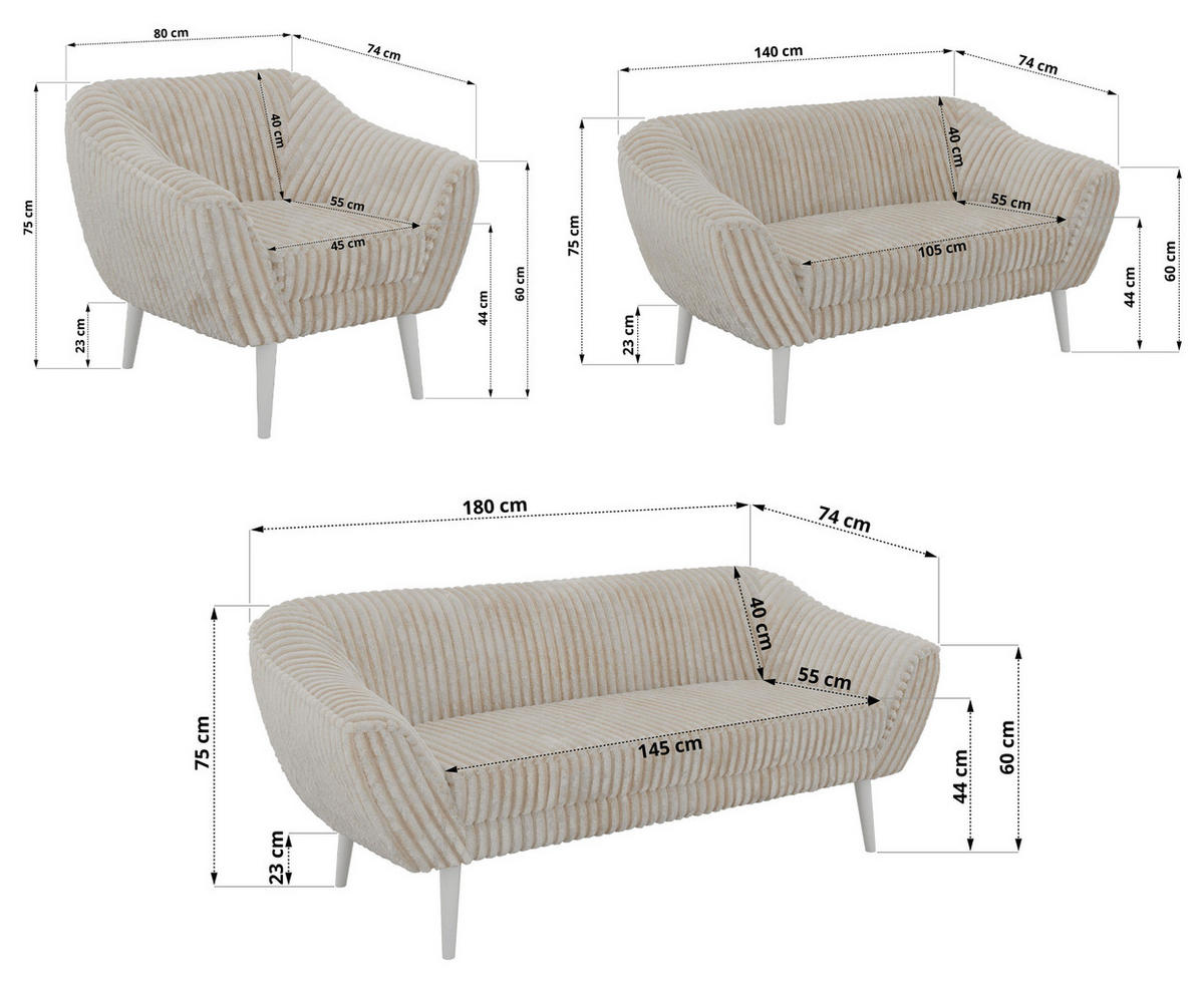 SEDACÍ SOUPRAVA 3+2+1 PIRS - Béžová Manšestr - Bílé nohy - bílá/krémová, kompozitní dřevo/textil (180/75/74cm) - MKS