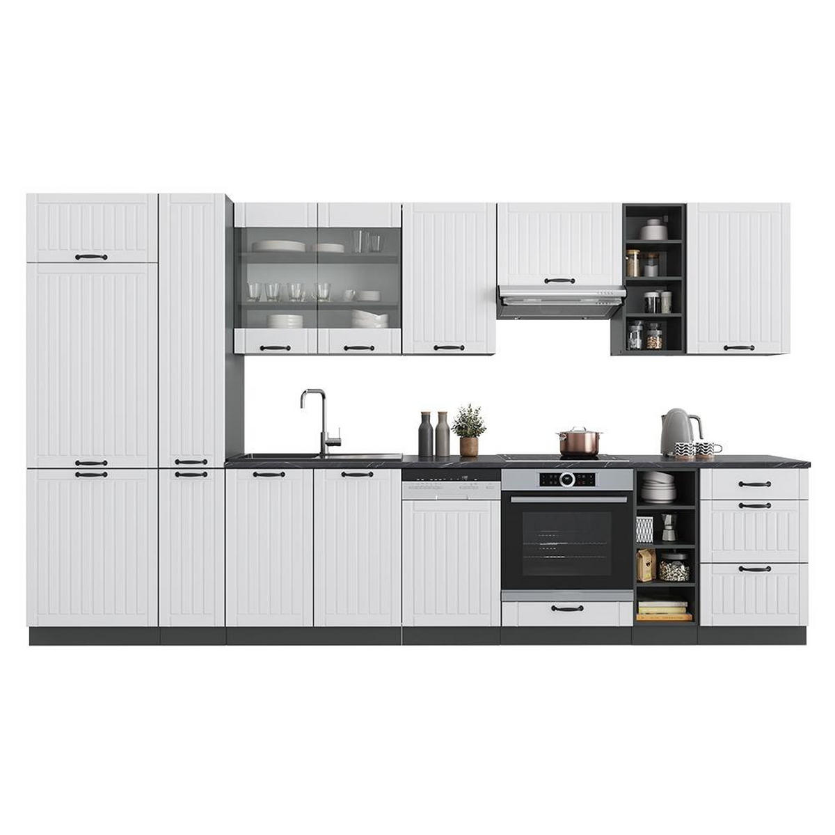 KÜCHENZEILE Fame-Line Weiß Landhaus/Anthrazit 355 cm mit Hochschrank, ohne Arbeitsplatte - Anthrazit/Weiß, Holzwerkstoff (355/206.8/51.6cm) - Vicco